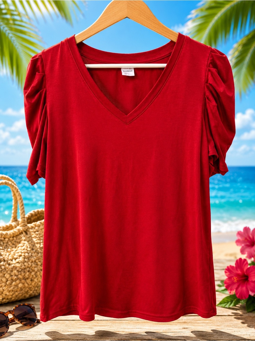 Women's V-Neck Puff Sleeve Top - Red